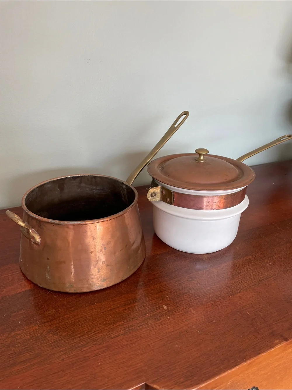 Vintage Hall 1084 Ceramic and Copper Double Boiler Brass Handles 3 Piece Set